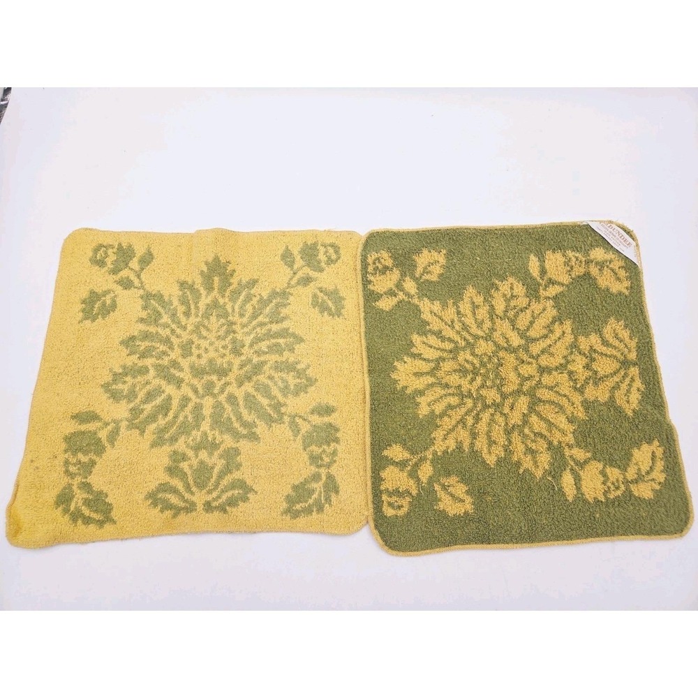 Lot Of 2 Vintage Dundee Green Yellow Floral Washcloths Bath 60s 70s